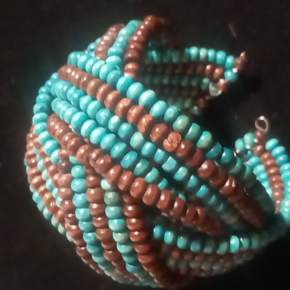 Charlotte Russe Wooden beaded braided cuff bracket teal & brown